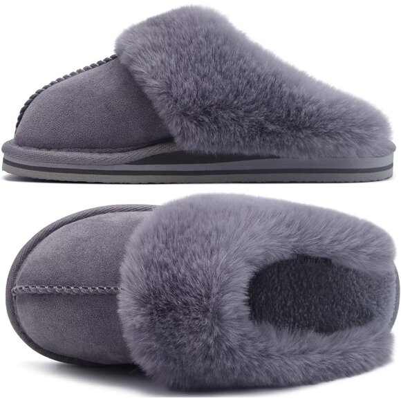 🆕Women Dark Grey Suede Fluff Dual Memory Foam Arch Support Warm Scuff Slipper - Picture 3 of 9